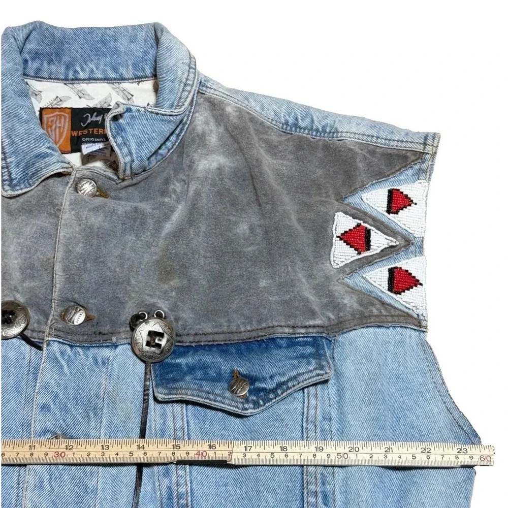 Johnny Hallyday Western Passion Vest XL Southwestern Beaded Denim Suede Blue